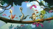 Rocky, Bill, Mazu und Tiny (v.l.n.r.) spielen ein Spiel. Mazu lässt sich allerdings von den fliegenden Blumen ablenken.