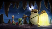 Rocky, Bill, Tiny und Mazu (v.l.n.r.) suchen sich einen geeigneten Schlafplatz. Doch der ist erstaunlich warm und schleimig.