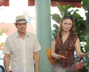 Seeley Booth (David Boreanaz, l.); Temperance Brennan (Emily Deschanel, r.)