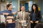 On left: Jake Peralta (Andy Samberg), Charles Boyle (Joe Lo Truglio) and Rosa Diaz (Stephanie Beatriz)