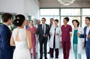 Die Kollegen (Mirka Pigulla, Stefan Ruppe, Christian Beermann, Katharina Nesytowa, Jane Chirwa, Marijam Agischewa und Roy Peter Link) wollen Leyla (Sanam Afrashteh, 2.v.l.) und Ben (Philipp Danne, l.) zur Hochzeit gratulieren – doch Ben unterbricht sie …