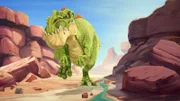 "Gigantosaurus", "Tinys Triumph." Tiny ist begeisterte Künstlerin. Sie liebt es, auf Felsen zu kritzeln und zu malen. Ihre Freunde können dem jedoch wenig abgewinnen. Als die Dino-Kids in der Wüste landen, ändern sie ihre Meinung aber bald. Denn Tiny hat eine Karte gezeichnet, die sie zu Wasser führen soll.