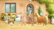 Alle Tiere umringen den Postboten, sie haben Hunger.