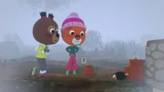 Edmund und Luzie treffen im Nebel auf Bommel, den Igel.