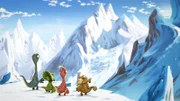 Bill, Tiny, Rocky und Mazu (v.l.n.r.) machen sich große Sorgen um Giganto, der scheinbar von einer Lavine erwischt worden ist.