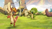 Rocky läuft mit dem Schatz davon. Doch auch die anderen Dinos wollen den hübschen Kiesel haben.