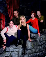 (4. Staffel) - Gemeinsam sind sie stark: Xander (Nicholas Brendon, l.), Giles (Anthony Stewart Head, 2.v.l.), Buffy (Sarah Michelle Gellar, M.), Willow (Alyson Hannigan, 2.v.r.) und Oz (Seth Green, r.)