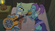Schon immer wollte Bender (l.) ein Folk-Star werden. Jetzt scheint der Traum in Erfüllung zu gehen. Mit einem 3D-Drucker hat er sich eine Kopie der Gitarre seines Idols Silicon Red geschaffen und hat auch schon bald in Jezabel (r.) einen ganz besonderen Fan gefunden ...