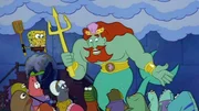 Hinter, l-r: SpongeBob, Patrick, King Neptune