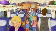 Conni, Jakob und Mama suchen im Zugabteil ihre Sitzplätze.