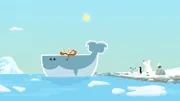 Die Waldame Wiebke hilft Hubert beim Schwimmen lernen. Solange sie mit ihrem riesigen Körper unter ihm bleibt, kann er gar nicht untergehen.