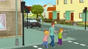 Conni (l.) und Anna (r.) freuen sich, endlich zeigt die Ampel grün, und sie können weiter.