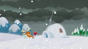 Wie aus dem Nichts verdunkelt sich der Himmel und es beginnt ein heftiges Hagelgewitter. Inui und Hubert rennen gerade noch rechtzeitig zum schützenden Iglu.
