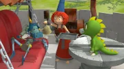 Burgfräulein Bö und Drache Koks behandeln einen kranken Ritter.
