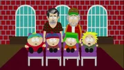 Vorne, l-r: Eric, Stan, Kyle, Tweek. Hinter, l-r: George Lucas, Steven Spielberg.