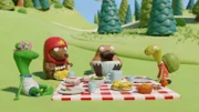 Picknick mit (v.l. n.r.) Undine, Tüftel, Nö-Nö. Marilu und Karli Krebs