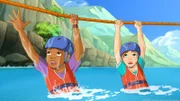 Ranger Graham versucht Harvey und Zoe mit einem Seil aus der Strömung zu retten.