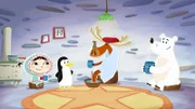 Inui, Lissy und Grumpel haben Hubert dick und warm in Decken eingewickelt. Damit wollen sie seinen heftigen Schnupfen in den Griff kriegen.