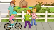 Conni (re.), Anna und Mama wundern sich. Nicht nur auf den Straßen ist viel los, auch auf dem Bürgersteig gibt es Fahrradfahrer.