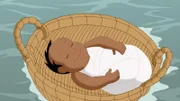 Ein Baby treibt in einem Korb den Fluss entlang.
