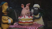 Shaun lädt das Schwein in die Scheune ein.