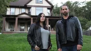 Hosts Katrina Weidman and Nick Groff stand in front of Bellaire House.
