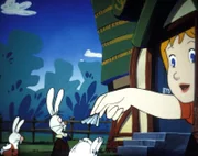 "Alice im Wunderland", "Das Haus des großen weißen Kaninchens." Aus Versehen trinkt Alice erneut Tee und wächst wieder. Die Bewohner des Wunderlands zeigen jedoch kein Mitleid. Sie versuchen Alice mit allen Mitteln aus dem Haus des weißen Kaninchens zu bekommen. Ende gut, alles gut zumindest für Alice: Sie schrumpft wieder. Jedoch das weiße Kaninchen hat sein Dach verloren.