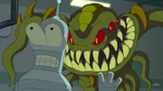 Die Planet-Express-Crew ist mal wieder heillos zerstritten. Um die Firmenharmonie wieder herzustellen, wird ein Firmenausflug zum Zwecke der Teambildung unternommen. Doch der endet anders als geplant, als plötzlich ein Monster (r.) hinter Bender (l.) auftaucht ...