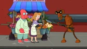 Als Zoidberg (l.) einen Verbrecher (r.) vertreibt, der die Blumenverkäuferin Marianne (M.) bedroht, verlieben sie sich ineinander. Doch haben sie eine gemeinsame Zukunft vor sich?