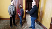 Hosts Nick Groff and Katrina Weidman speaking with guest Joe McBratney at Kreischer Mansion.