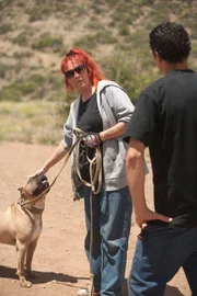 Tia Maria Torres talks with her adopted son Kinani about dog training before having Johnny Danger, a rescue pit bull, check out the a-frame that Kinani built as part of an agility training and confidence building exercise at Torres' Villalobos Rescue Center.