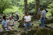 Das Ermittlerteam Aurélien Charlery (Julien Beramis, l.), Philippe Dorian (Valentin Papoudof, 2.v.l.), Mélissa Sainte-Rose (Sonia Rolland, M.) und Gaëlle Crivelli (Beatrice de la Boulaye, r.) findet in der Nähe einer Frauenleiche im Wald einen kleinen Käfig. Darin ist eine Spinne gefangen.