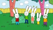 Um seinen Freunden Mamadou (M. l.), Lou (M.) und Ferdinand (r.) zu imponieren, behauptet Simon (l.), einen Drachen zu haben. Sein Bruder Franz (M. r.) kann den Worten seines Bruders keinen Glauben schenken.