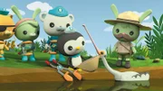 Kwasi, Trixie, Käpt'n Barnius, Peso und Ranger Marsch (v.l.) wollen die Tiere vor dem drohenden Feuer retten.