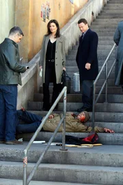 "CSI NY", "Der Domino-Effekt." Der Fahrradkurier Greg Barbera ist bei einem Treppensturz ums Leben gekommen. An seiner Tasche klebt ein Kaugummi mit Veilchen-Duft. Der Jogger Jimmy Philbrook ist laut Obduktion zuerst mit einem Kabelbinder erdrosselt und danach auch noch von einem Sport-Pfeil in die Brust getroffen worden. Zunächst geht das CSI-Team von zwei getrennten Fällen aus. Doch dann wird bei Jimmy ebenfalls ein Veilchen-Kaugummi gefunden. Die Ermittler glauben nicht, dass das Zufall ist. Im Bild: Eddie Cahill, Sela Ward, Gary Sinise.