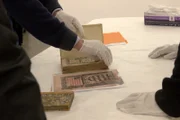 Dr. Francisco Gago-Jover begutachtet eine Ausgabe des Buches "Sumario Breve de la Arithmetica" aus dem Jahr 1515, das in einem Postpaket auf dem John F. Kennedy International Airport in New York gefunden wurde. (National Geographic für Disney)