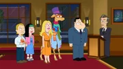 Jeff (l.), Klaus (2.v.l.), Hayley (3.v.l.), Francine (m.), Giraffe (3.v.r.), Stan (2.v.r.)
