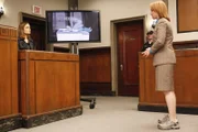 BONES: Brennan (Emily Deschanel, L) answers questions from Heather Taffet (Deirdre Lovejoy, R) who is representing herself during the Gravedigger trial n the BONES episode "The Boy with the Answer" airing Thursday, May 13 (8:00-9:00 PM ET/PT) on Fox.