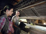 Susanne Mertens (Elisabeth Lanz) und Pfleger Conny (Thorsten Wolf) bei der Fütterung im Stall des Wisentgeheges.