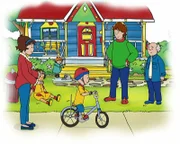 Sarah (2.v.li.) hat keine Stützräder mehr an ihrem Fahrrad. Caillou möchte jetzt auch ohne diese Hilfe fahren. Doch das ist gar nicht so einfach...