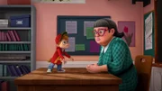 Miss Smith (r.) eröffnet Alvin (l.), dass er, sollte er die Abschlussprüfung nicht bestehen, das Schuljahr wiederholen muss. Das muss Alvin unbedingt verhindern!