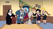 L-R: Sister Madeline, Stan, Klaus, Roger, Steve, Hayley, Francine