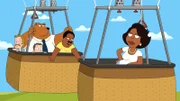 Lester Krinklesac (l.), Tim (3.v.l.), Cleveland Brown (2.v.r.), Donna Tubbs-Brown (r.)