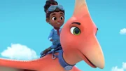 Die Dino-Rancher haben eine neue Nachbarin. Sie heißt Tara und fliegt auf einem Pterodactylus namens Wilbur.