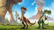 "Gigantosaurus", "Der Giga-Schnupfen." Weil die Pollen-Saison beginnt muss Rocky ständig niesen und ist deshalb ziemlich frustriert. Dann gelangen die Raptoren-Geschwister Cror und Toto auch noch durch einen Windstoß an seine Lieblings-Saurier-Sammelkarte. Um sie zurückzubekommen, soll er ihnen ausgerechnet eine Giga-Blume als Mittagessen besorgen, doch gerade diese Pflanzenart bringt den armen Pollen-Allergiker immer besonders in Bedrängnis.