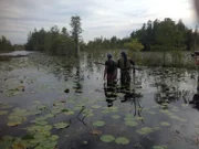 Matt Graham and Joe Teti knee deep in swamp.