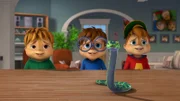 Theodore, Simon und Alvin (v.l.) haben Dave hinters Licht geführt, um ihm die Angst vor Schlangen zu nehmen. Wie lange das Spiel wohl gutgehen wird?  +++