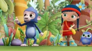 Affe Alfie, Wissper und Pinguin-Mädchen Peggy überlegen, wie sie den Papageien helfen können.