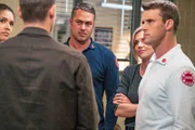 CHICAGO FIRE -- "Infection, Part I" Episode 805 -- Pictured: (l-r) Miranda Rae Mayo as Stella Kidd, Taylor Kinney as Lt. Kelly Severide, Kara Killmer as Sylvie Brett, Jesse Spencer as Matthew Casey