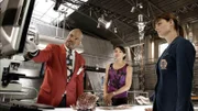 Professor Bunsen Jude (David Alan Grier) liefert Brennan (Emily Deschanel, r.) und Cam (Tamara Taylor) sachdienliche Hinweise für ihren Fall. Für seine Hilfe soll Brennan in seiner Kinderwissenschaftsshow auftreten.